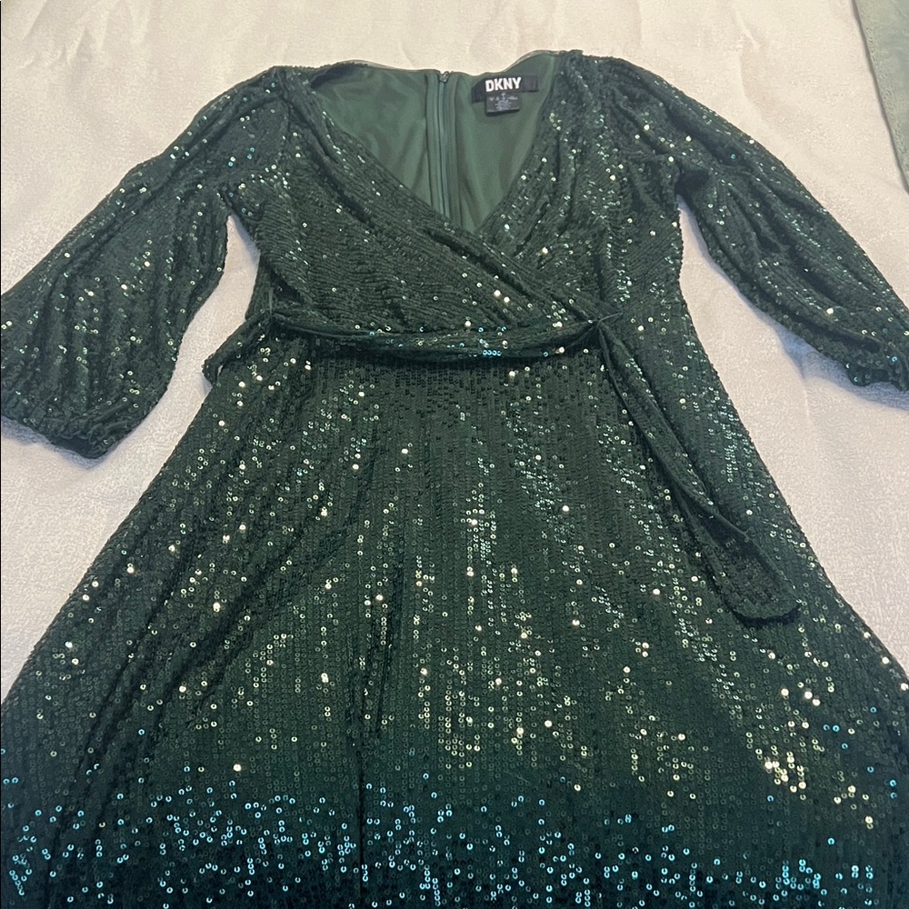 DKNY Emerald Sparkle Wrap Dress with Balloon Sleeves